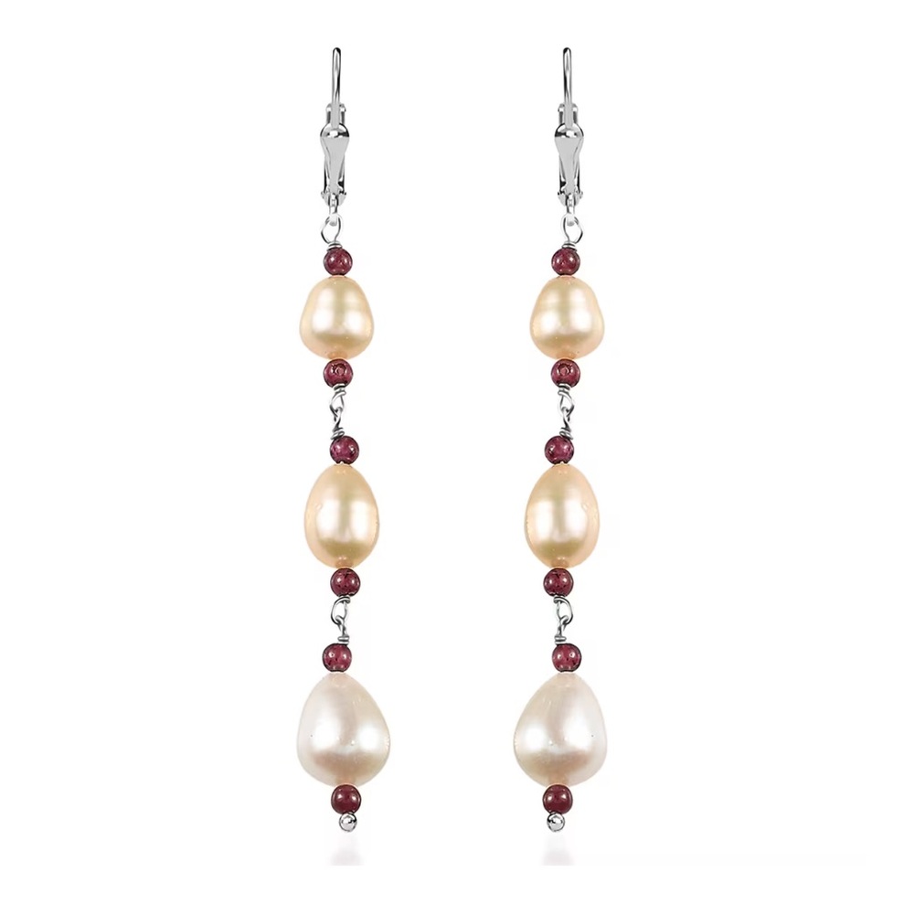 D'Joy Multi Color Freshwater Pearl & Mozambique Garnet 2ct S.Silver Earrings New